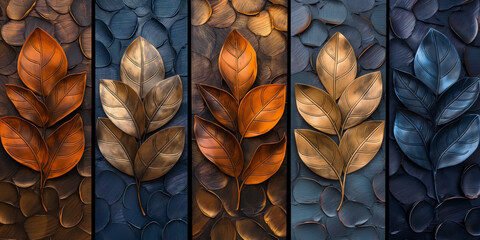 vanilla, brownish orange and navy blue leaf wall art