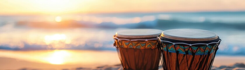 Two wooden drums on the beach at sunset.