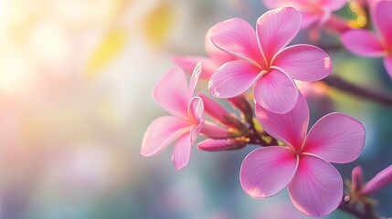 Canvas Print - Blossoming pink Frangipani flowers against a bright, colorful spring background.