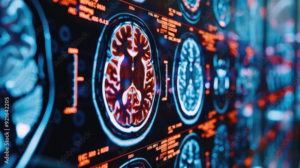 Brain scans displayed on multiple monitors, showing detailed MRI images ...