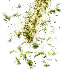 Wall Mural - Floating dried dill with powder in air, on white background