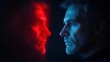 © 1000lnw - A striking portrait of a man illuminated by vivid red and blue lights, showcasing a unique artistic depiction of duality.
