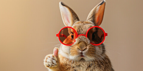 a cute bunny rabbit wearing red round sunglasses and giving a thumbs up