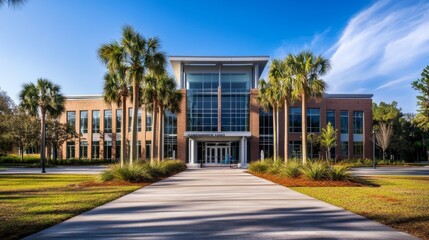 Wall Mural - Modern office building exterior with palm trees and landscaping on a sunny day.