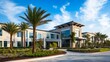 © artzone - Modern and luxurious retirement home or assisted living facility exterior with palm trees.