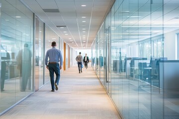 A spacious office layout features modern cubicles and glass-walled meeting rooms, creating an open and collaborative workspace for employees