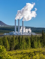 Wall Mural - Reforestation around geothermal plants highlights the alliance of environmental stewardship, renewable energy, and forest restoration.