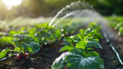 Wall Mural - Close-up of crops being watered with drip irrigation system in lush, green farm, sunlight background