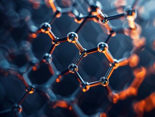 Abstract close-up of a molecular structure with glowing atoms and intricate connections in a dark background.