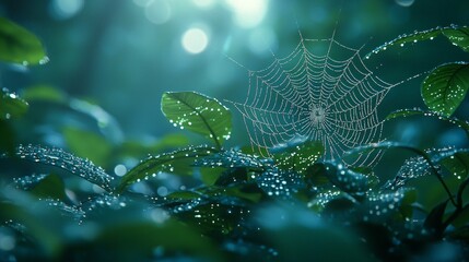 Close-up of spider web with morning dew drops on green leaves