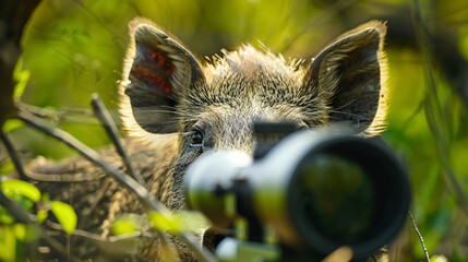 Wall Mural - wild hog through rifle scope: view of a wild hog seen through a rifle scope, focusing on hunting.