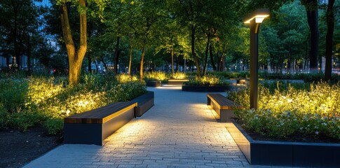 Wall Mural - Sustainable urban parks feature integrated solar lighting, blending environmental conservation, renewable energy, and urban restoration.