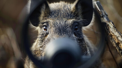 wild hog through rifle scope: view of a wild hog seen through a rifle scope, focusing on hunting.