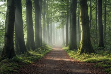 Wall Mural - A serene forest path winds through a misty woodland, with tall, moss-covered trees stretching towards the sky, creating an enchanting atmosphere