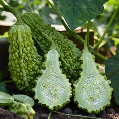 Closeup fresh bitter gourd ( bitter cucumber, Momordica Charantia or bitter melon )