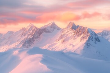 Wall Mural - Golden sunlight bathes snow-covered peaks as dawn breaks, casting a warm glow over the majestic mountain range and showcasing the beauty of winter