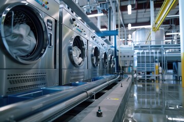 Row of industrial washing machines in a laundry facility.