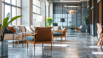 Canvas Print - Modern Office Lounge with Warm Lighting and a Green Plant