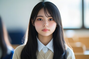 Japanese Girl high schooler in uniform, expressing youthful joy while seated in a classroom.