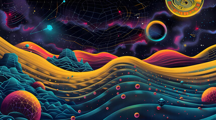 Sticker - Abstract Illustration of a Wavy Landscape with Geometric Shapes in a Cosmic Setting