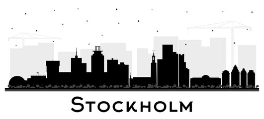 Wall Mural - Stockholm Sweden city skyline silhouette with black buildings isolated on white. Stockholm cityscape with landmarks. Tourism concept with modern and historic architecture.