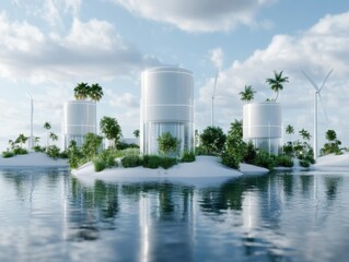 Canvas Print - Wind-powered desalination plants in a reclaimed coastal area illustrate the harmony between environmental conservation, renewable energy, and coastal restoration. 