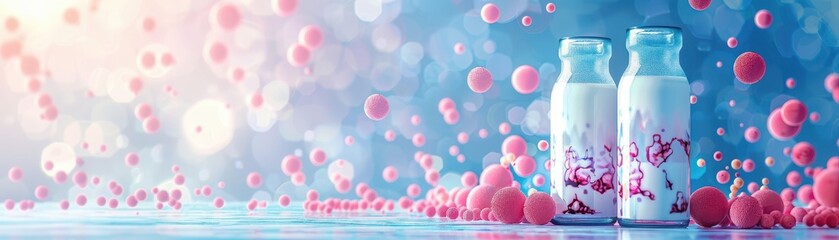 vibrant abstract composition with two glass bottles and floating pink spheres on a blue bokeh backgr