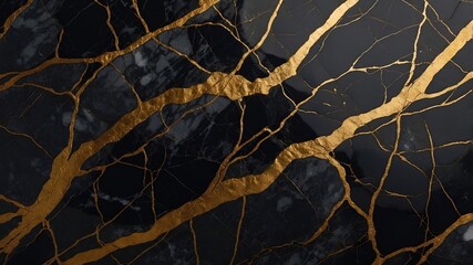 Wall Mural - Black and gold marble texture with veins.