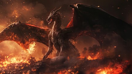 Wall Mural - A fierce red dragon with large, fiery wings is shown mid-roar