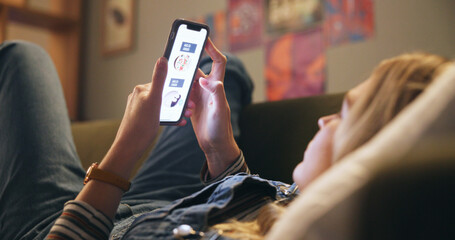 Aufkleber - Hands, phone screen and sofa with food delivery app for choice, e commerce and hungry in living room. Person, smartphone and user experience with online shopping for meal, diet or nutrition in house
