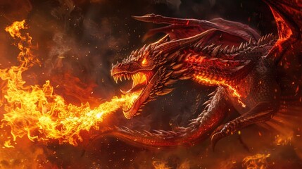 Wall Mural - A fierce red dragon with large, fiery wings is shown mid-roar