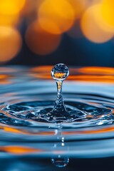 Poster - A close-up of a single droplet of water splashing into a calm pond, creating a series of concentric ripples and capturing the moment of impact