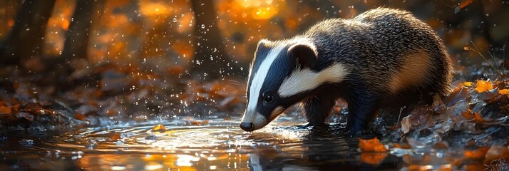 Poster - curious badger dipping its nose into a small stream, with water droplets scattering as it explores the flowing water