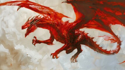 Wall Mural - A fierce red dragon with large, fiery wings is shown mid-roar