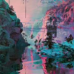 Canvas Print - glitch landscape image in neon colors