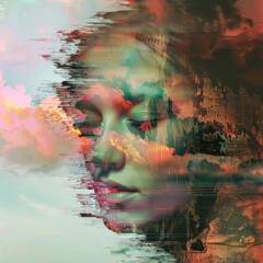 glitch head of a digital bit mapped woman in neon colors