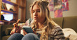 © Azee Jacobs/peopleimages.com - Woman, pizza and phone on floor in home, stress and reading notification for breakup, sad and frustrated. Girl, person and smartphone with mobile app for contact, chat and fast food in living room