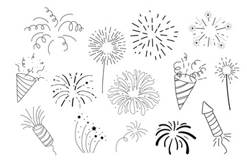 Wall Mural - Fireworks and rocket, salute with burst, light and festive explosions in doodle style. Hand drawn sparks, firecracker on white background. Party, celebrations, event.