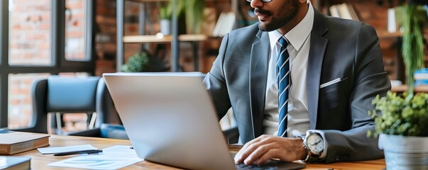 Wall Mural - Businessman Working on a Laptop in a Modern Office