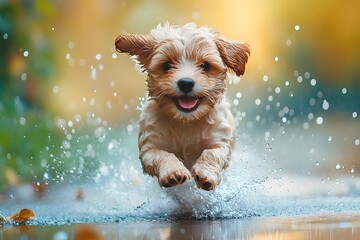 Poster - playful puppy running through a sprinkler, with water jets creating a rainbow effect and droplets splashing around its excited face