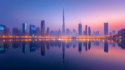 Poster - reflective view of a city skyline mirrored in a calm river at dusk. The image highlights the contrasting colors of the illuminated buildings and their reflections in the water, with soft, glowing ligh