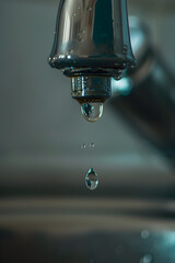 Wall Mural - A faucet dripping water. The water droplets are small and clear. Concept of calmness and tranquility