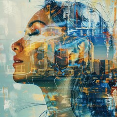 Canvas Print - abstract woman face with a double exposure effect in a music event