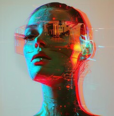 Canvas Print - glitch head of a digital bit mapped woman in neon colors