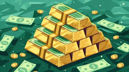 Wall Mural - Pile of Gold Bars and Stacks of Dollar Bills with Scattered Coins on Green Background