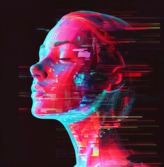 Canvas Print - glitch head of a digital bit mapped woman in neon colors