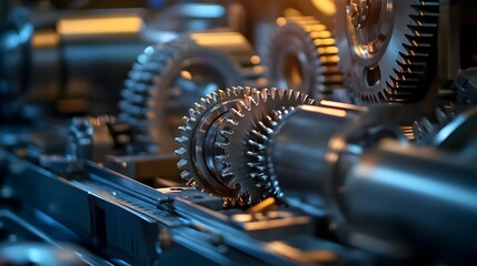 Wall Mural - Close up of Intricate Gears and Cogs in a Dimly Lit Machine Shop