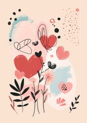 Wall Mural - abstract drawn hearts and flowers illustration on pastel pink background