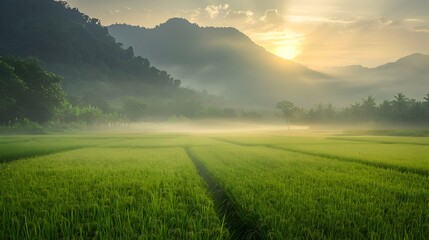 Poster - Serene Dawn Landscape of Lush Green Rice Paddies in Thai Countryside