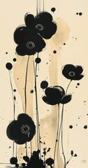 Wall Mural - black flowers illustration on a beige background